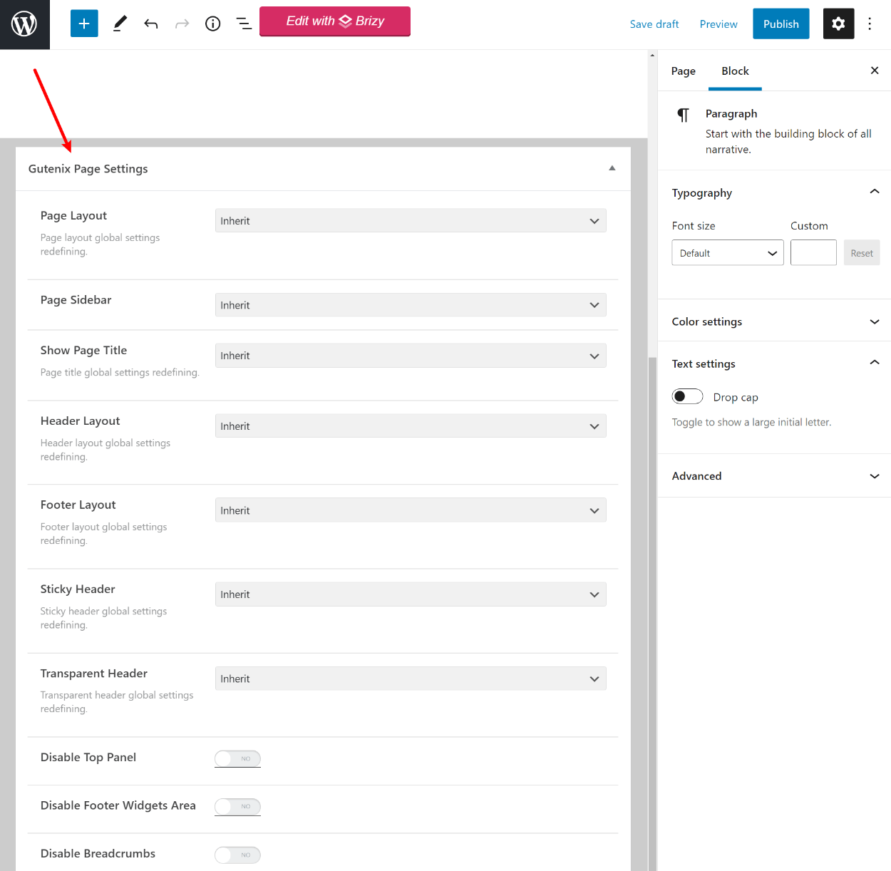 Gutenix theme page-level controls