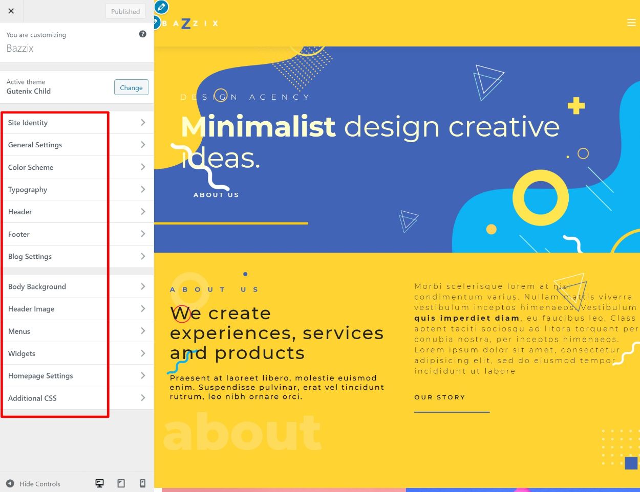 Gutenix theme WordPress Customizer controls