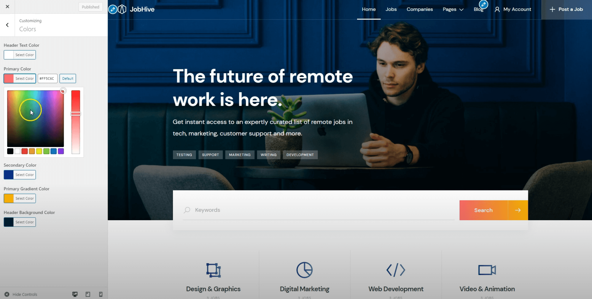 Customizing the JobHive job board theme in the WordPress Customizer.