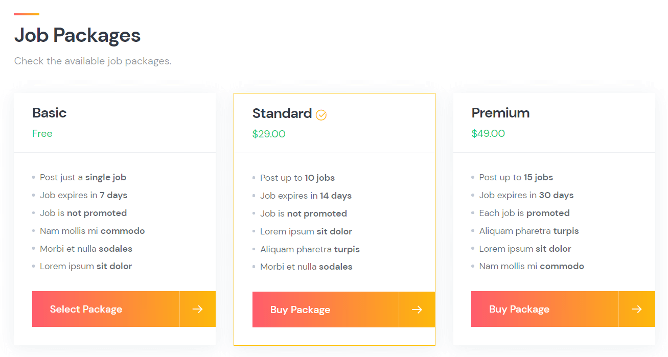 Membership tiers on the JobHive job board theme.