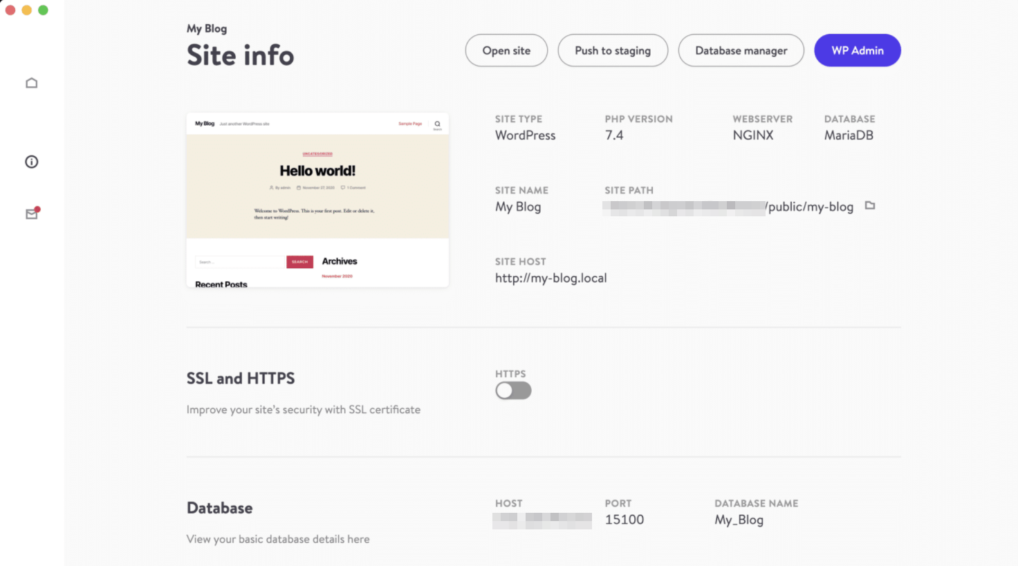 An overview of a local WordPress website's settings