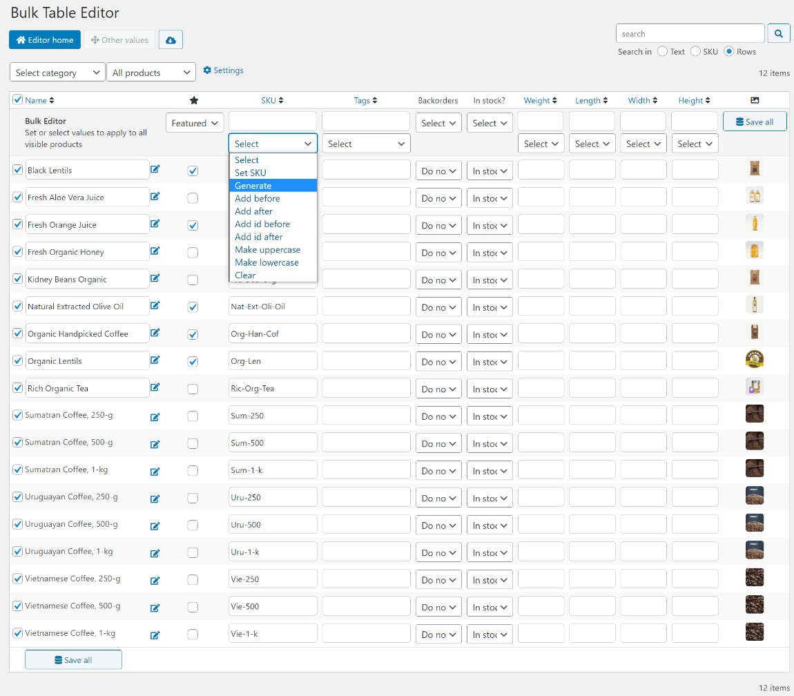 Bulk Table Editor generate SKUS