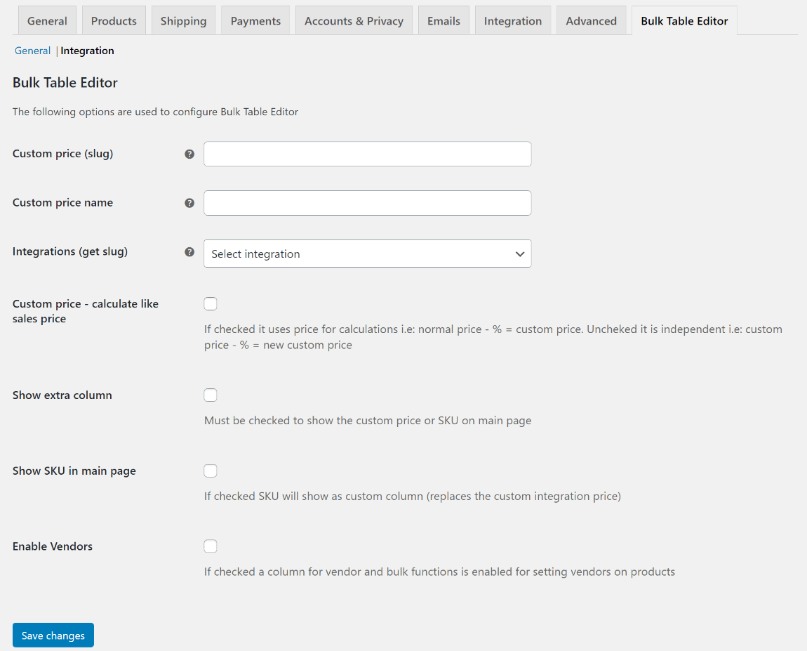 Integration settings