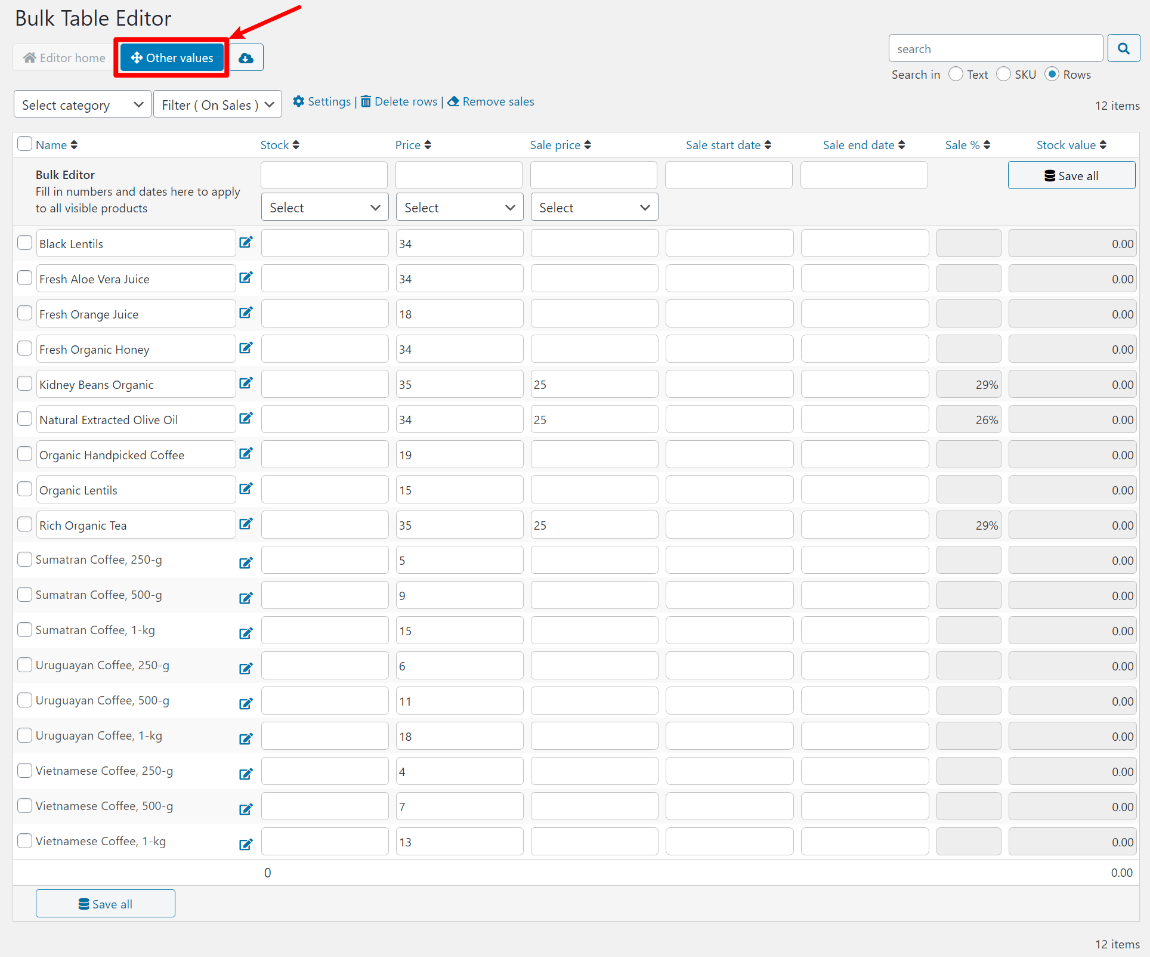 Bulk Table Editor interface