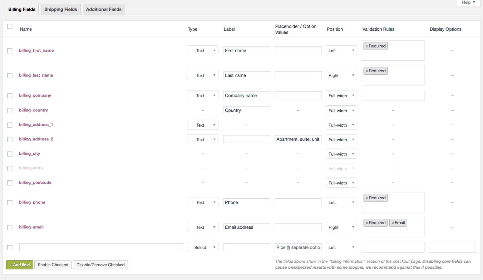 Checkout Field Editor