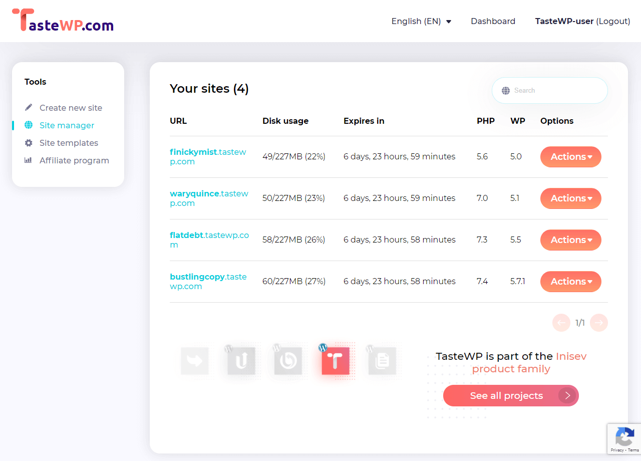 User's Site manager screen on TasteWP.