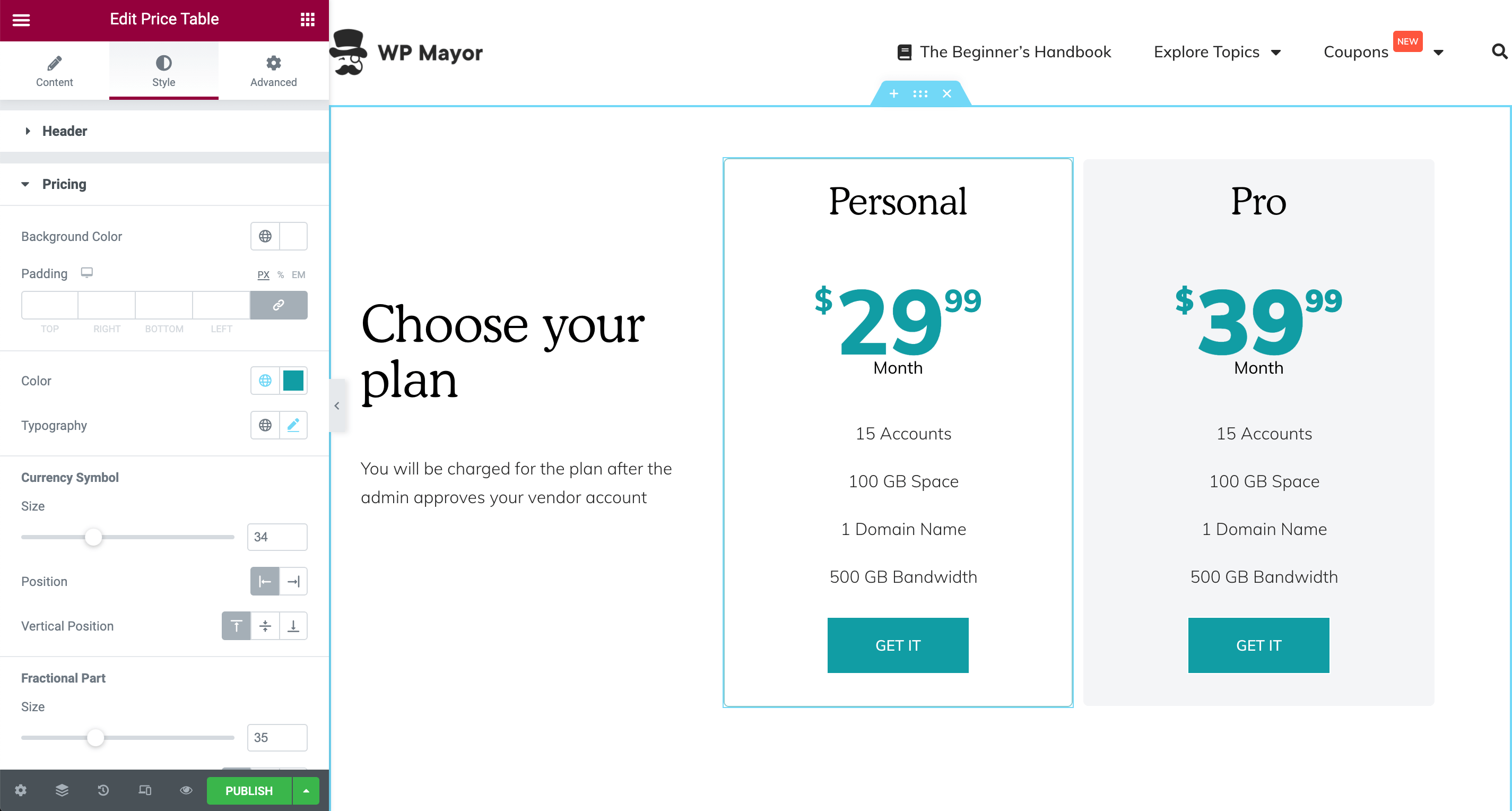 Elementor Pricing Table