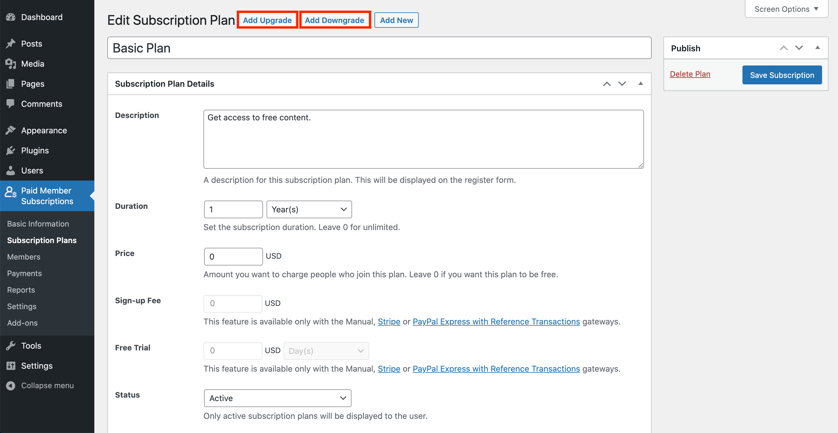 Upgrade or downgrade the subscription plan