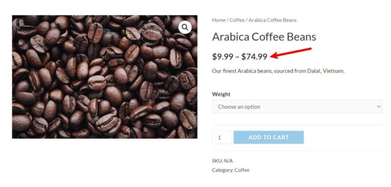Default WooCommerce varaition price ranges behavior