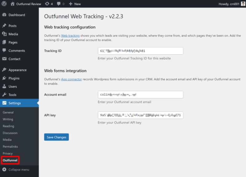 Outfunnel WordPress plugin settings