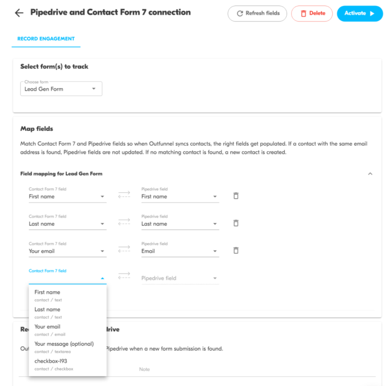 Map form fields from WordPress to Outfunnel
