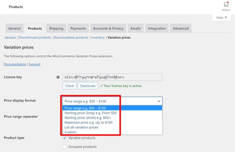 Choose WooCommerce variation price ranges display option