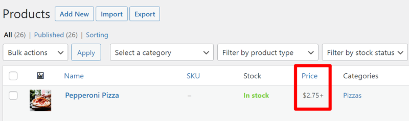 Example of custom price in dashboard