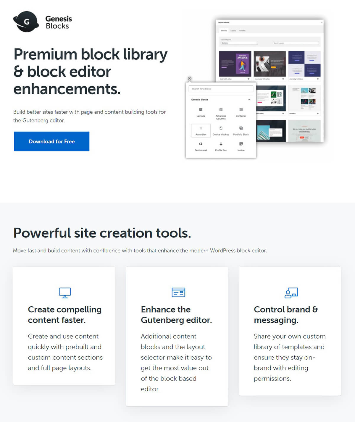A screengrab of StudioPress Genesis Blocks’s home page.