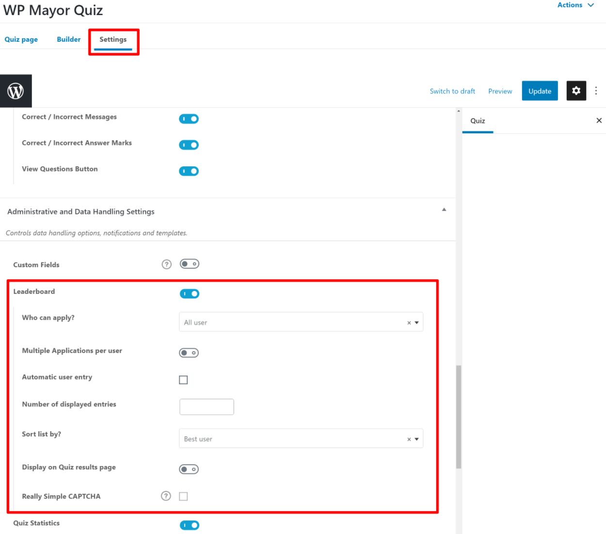 Enabling leaderboards for quizzes