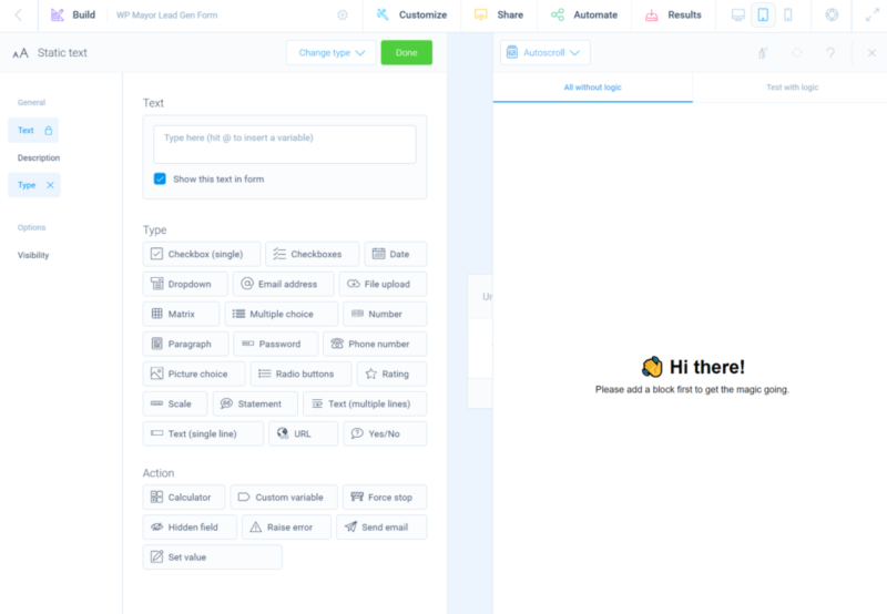 Tripetto questions and actions