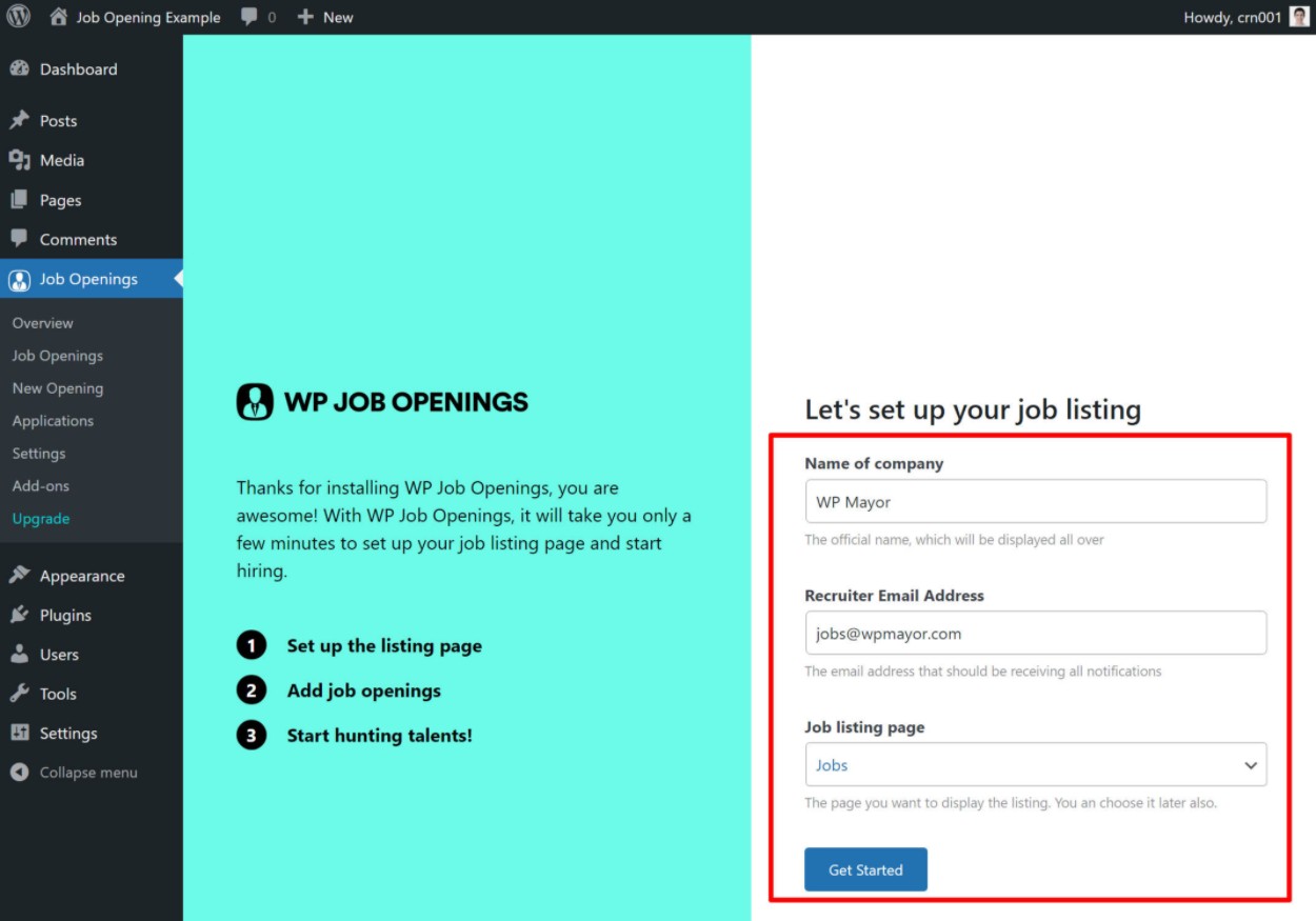 WP Job Openings setup wizard