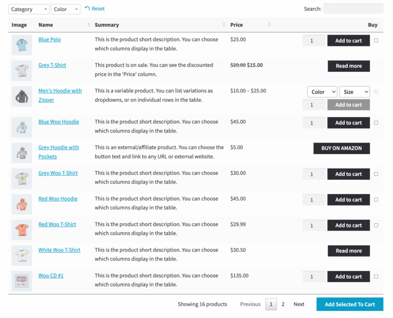 WooCommerce Product Table