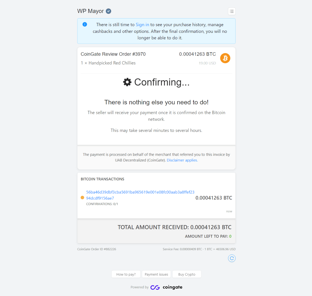 Payment detected