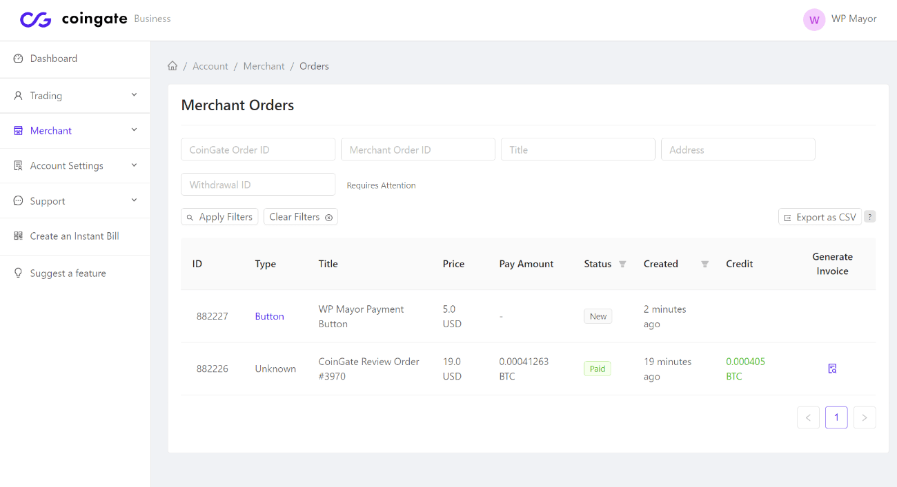 Payments in CoinGate dashboard