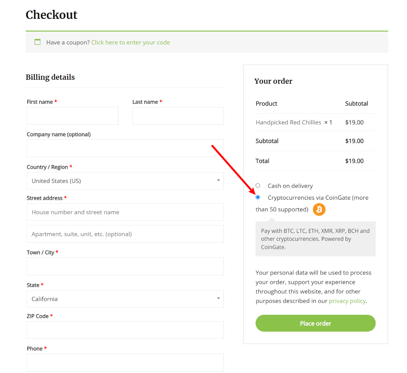 WooCommerce crypto payments option at checkout
