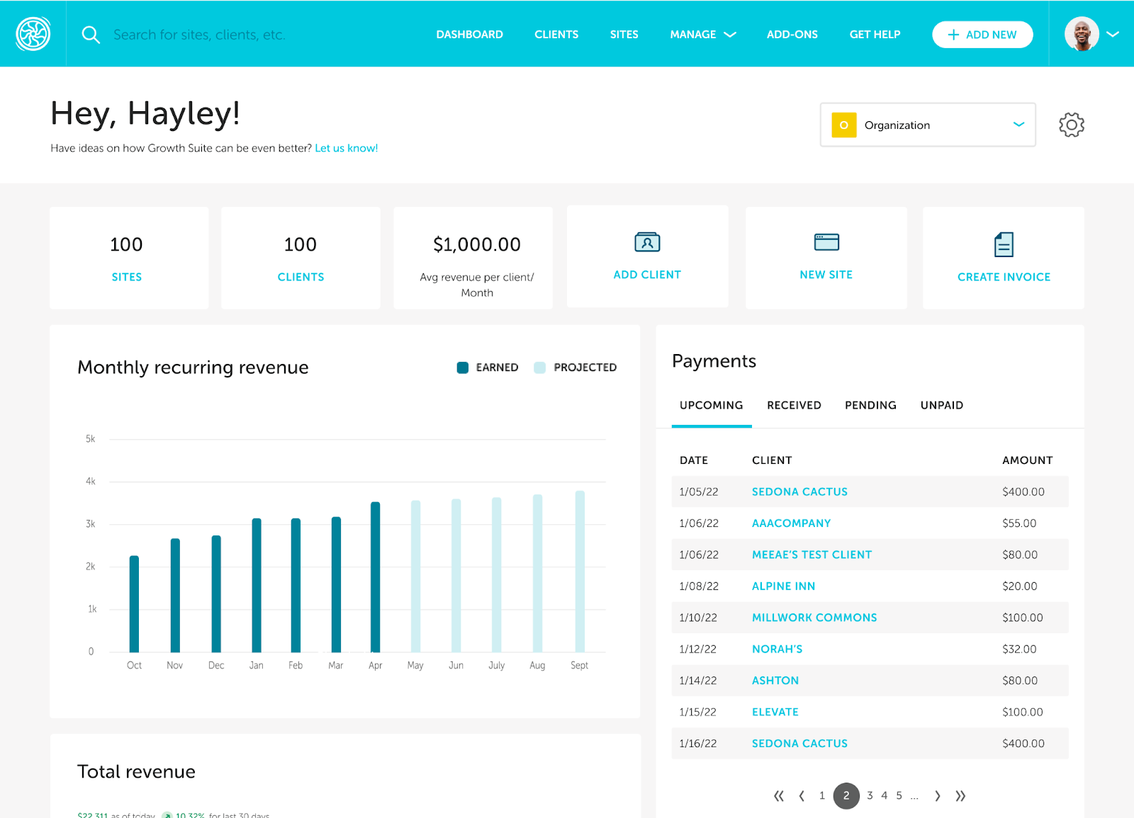 Growth Suite agency hosting dashboard