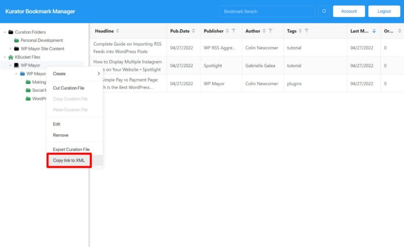 Export XML URL