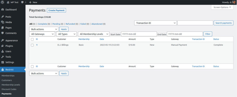 screenshot of payments menu