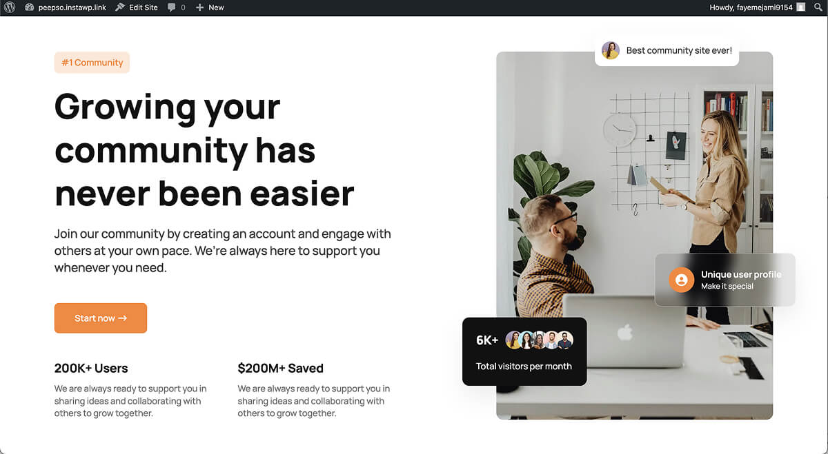 The Block Theme's default homepage from PeepSo.