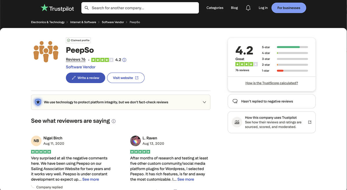PeepSo's reviews on Trustpilot.