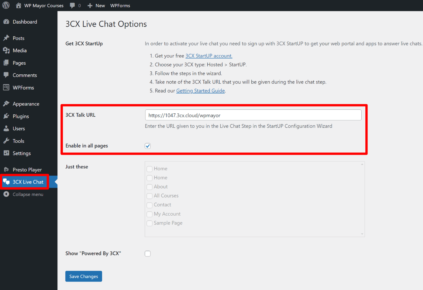 Configure 3CX Live Chat WordPress plugin