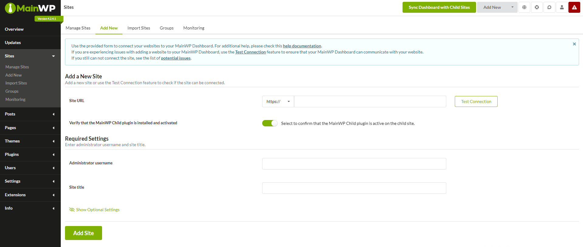 Add a new site in MainWP.