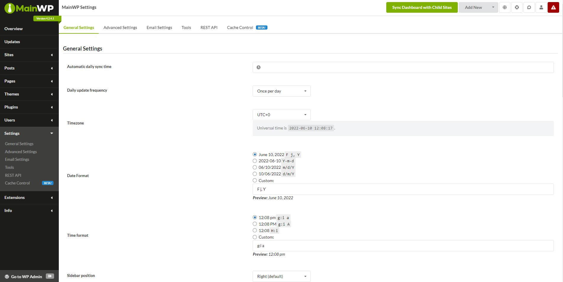 MainWP's general settings.