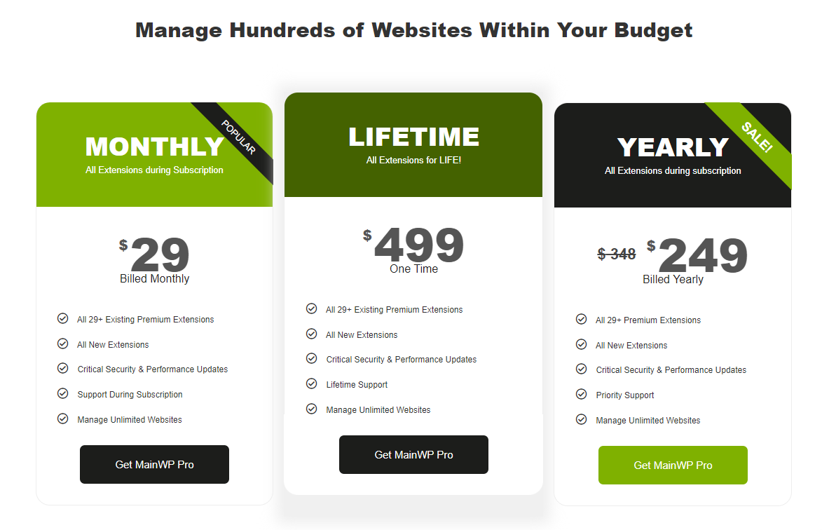 MainWP's pricing plans.