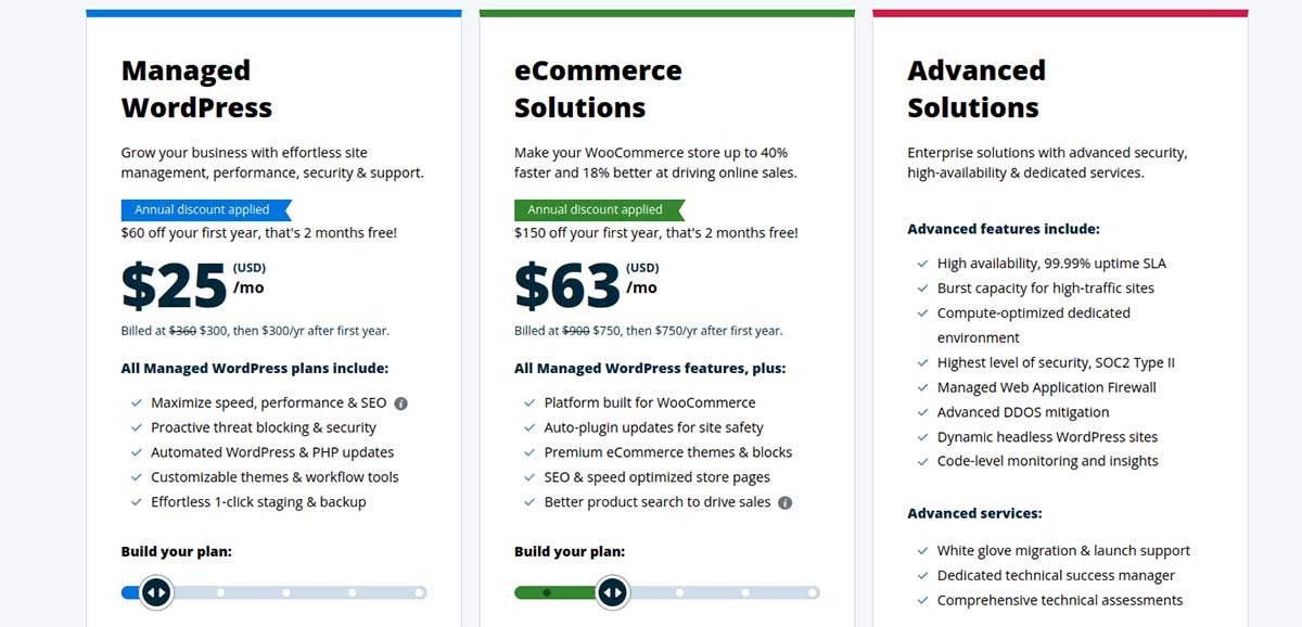 screenshot of WP Engine pricing table