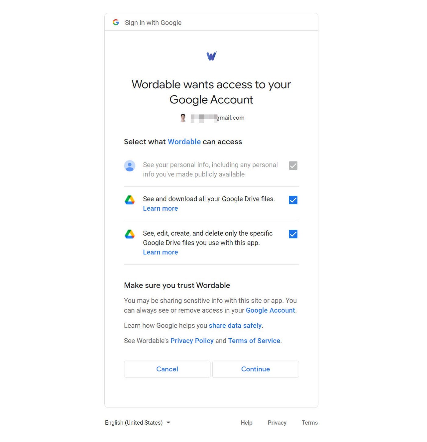Google auth prompt review to give Wordable access