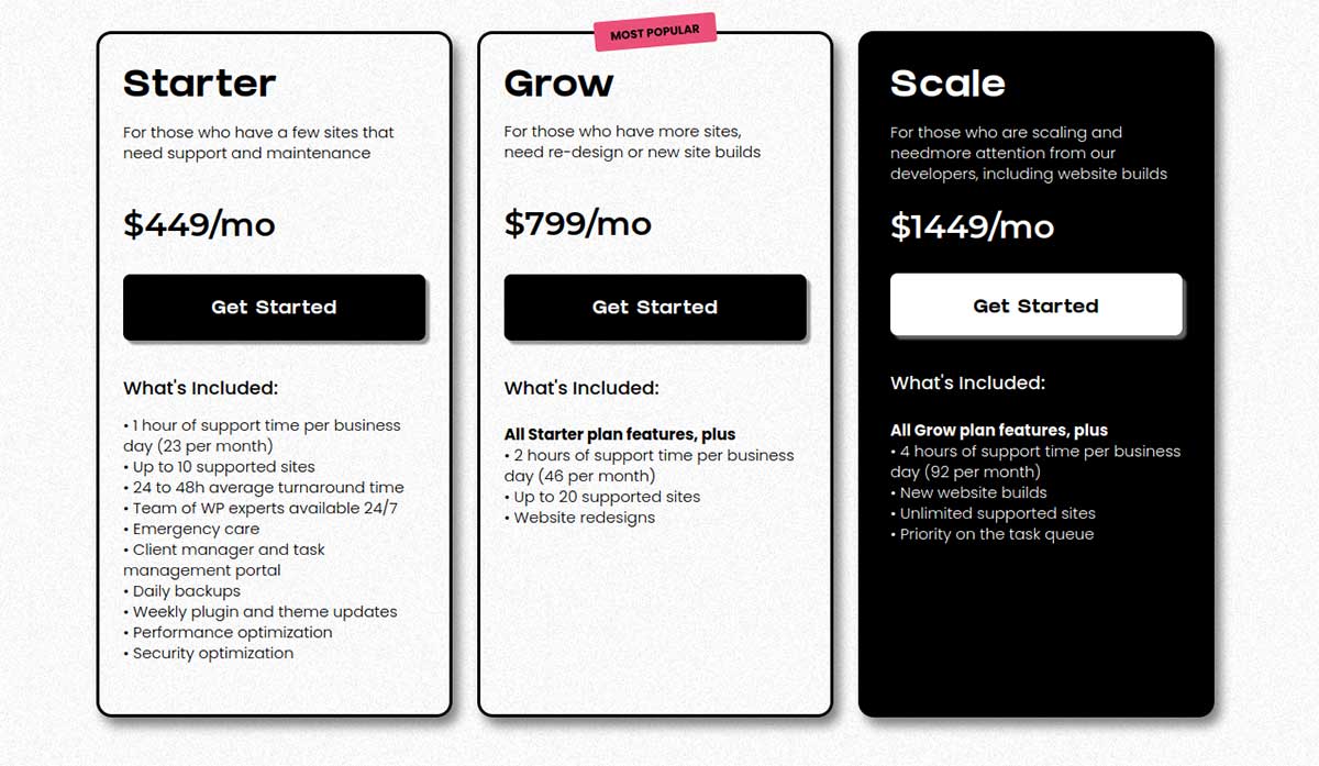 screenshot of Work Hero pricing table