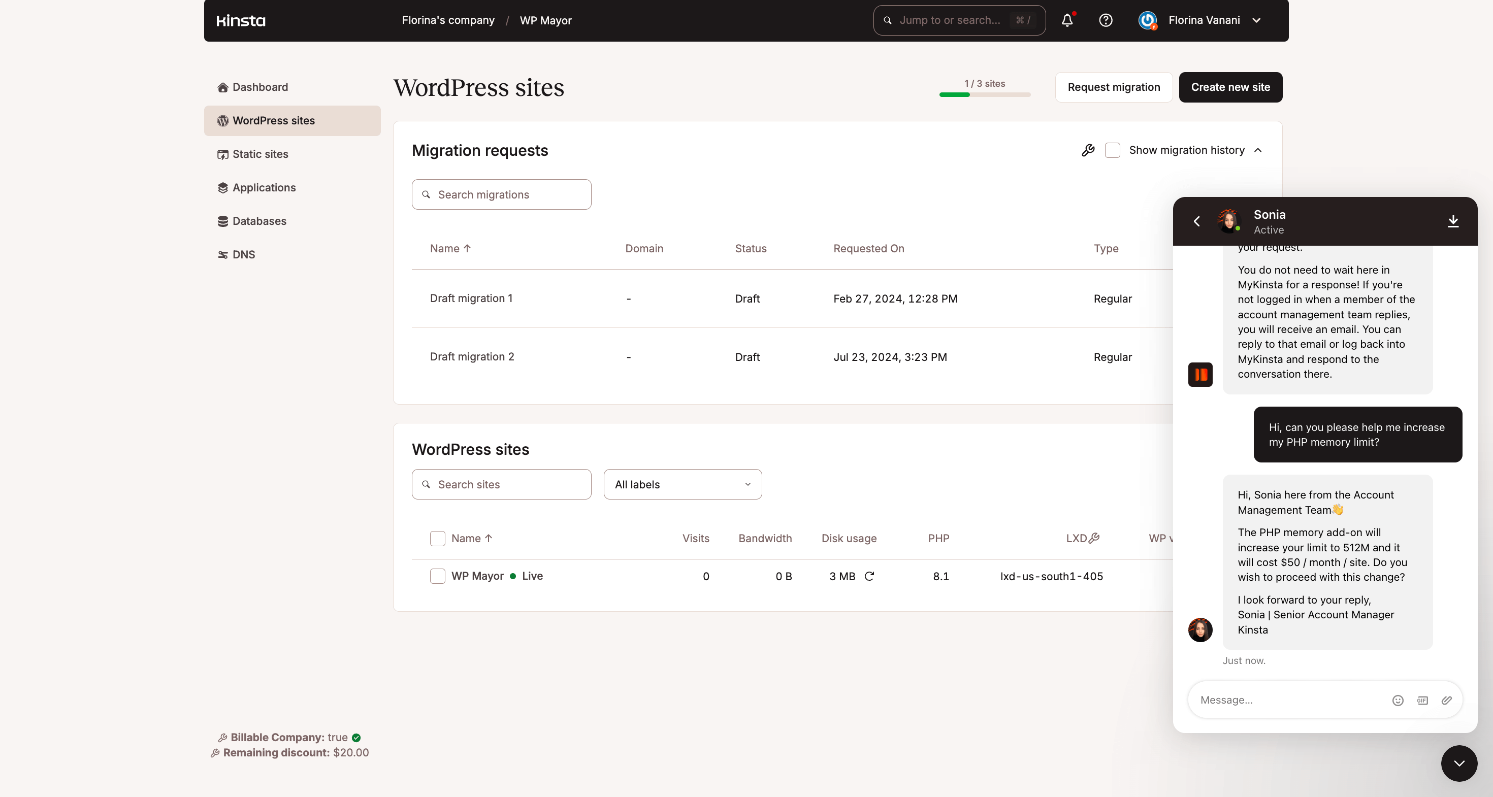 MyKinsta chat support