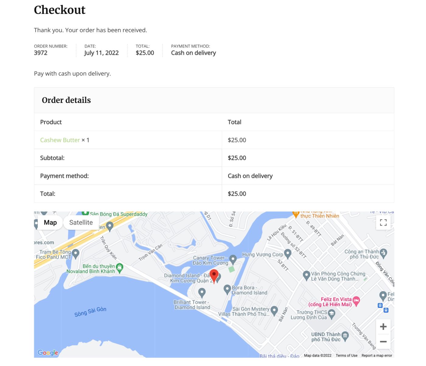 Map on order confirmation page
