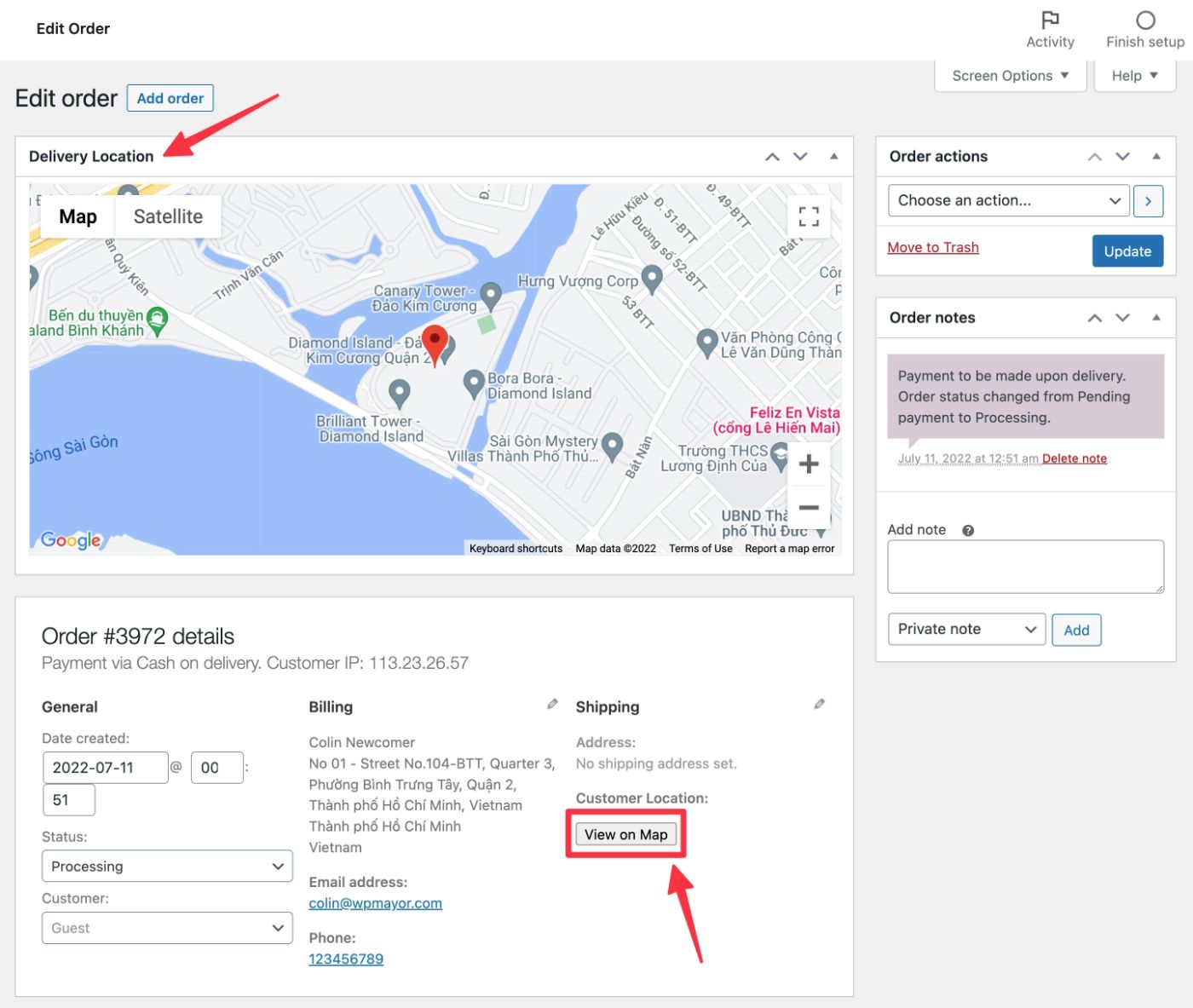View location details in the order management interface