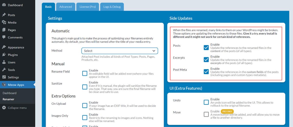 Media File Renamed side update settings
