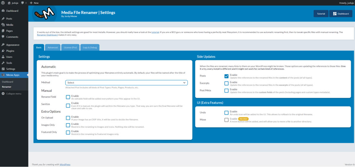 Media File Renamer settings page