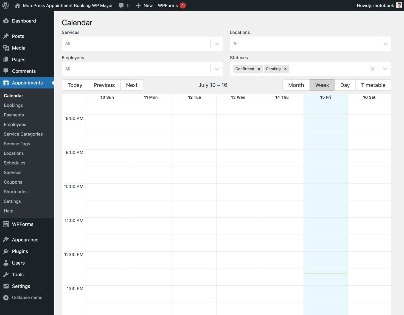 Main MotoPress Appointment Booking dashboard