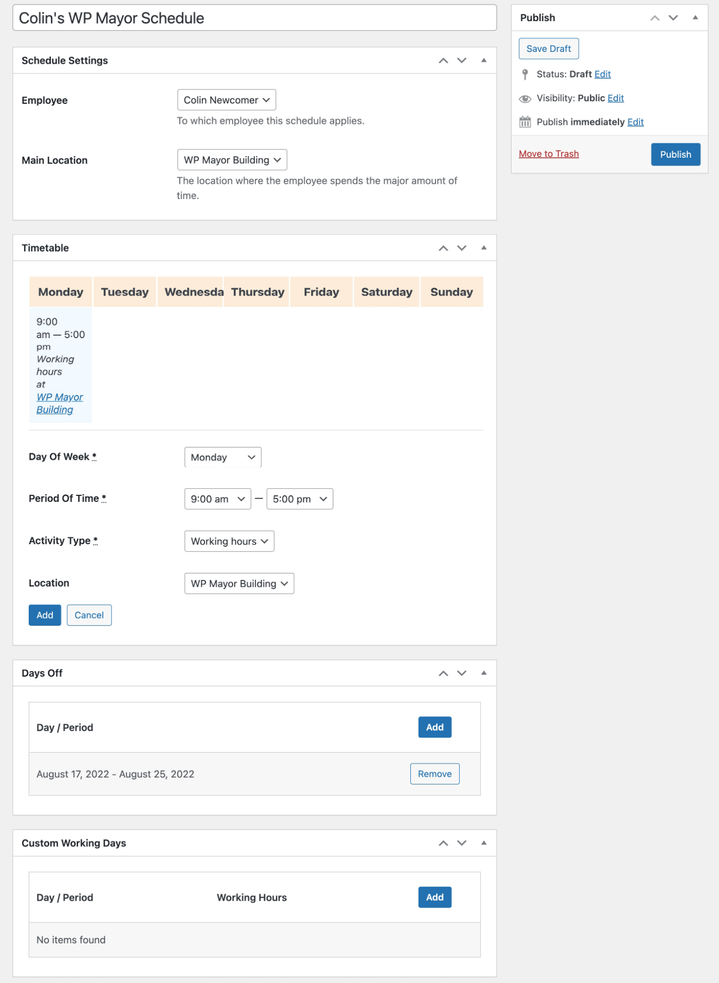Set up employee schedule