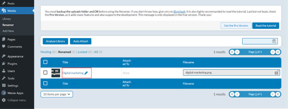Renaming an image file in WordPress
