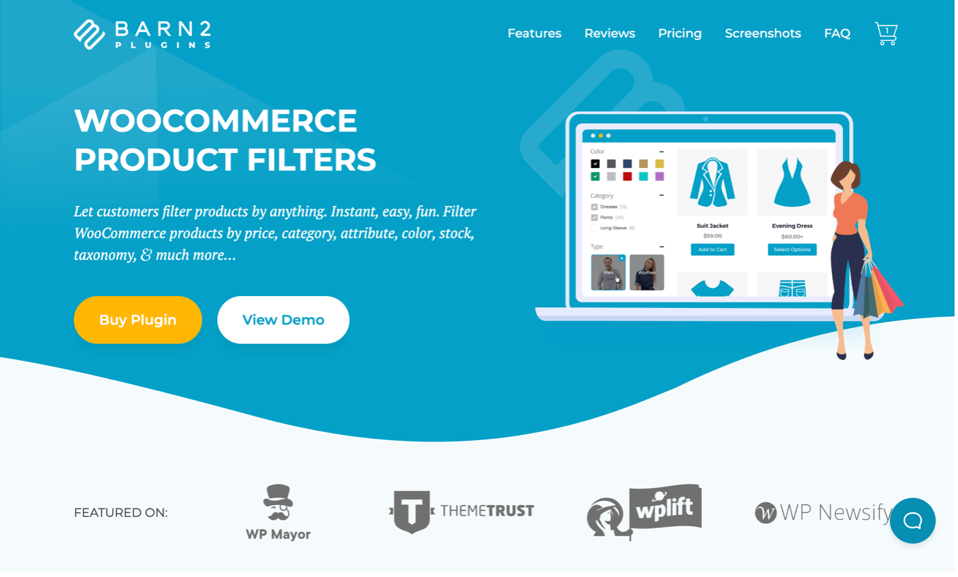 Screenshot of Barn2's WooCommerce Product Filters plugin website for adding category and other filters