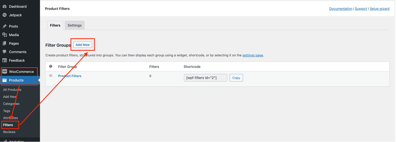 Step 1 to adding your own WooCommerce category filter groups  - adding a new filter group
