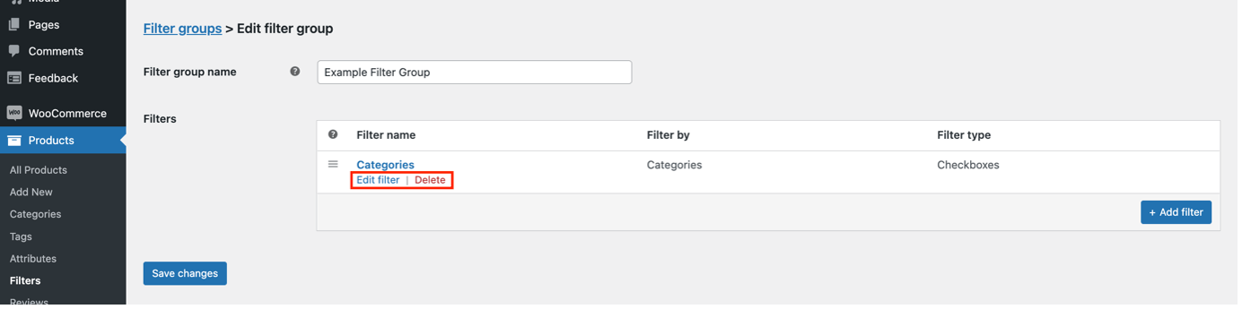 Editing and deleting filters from a group
