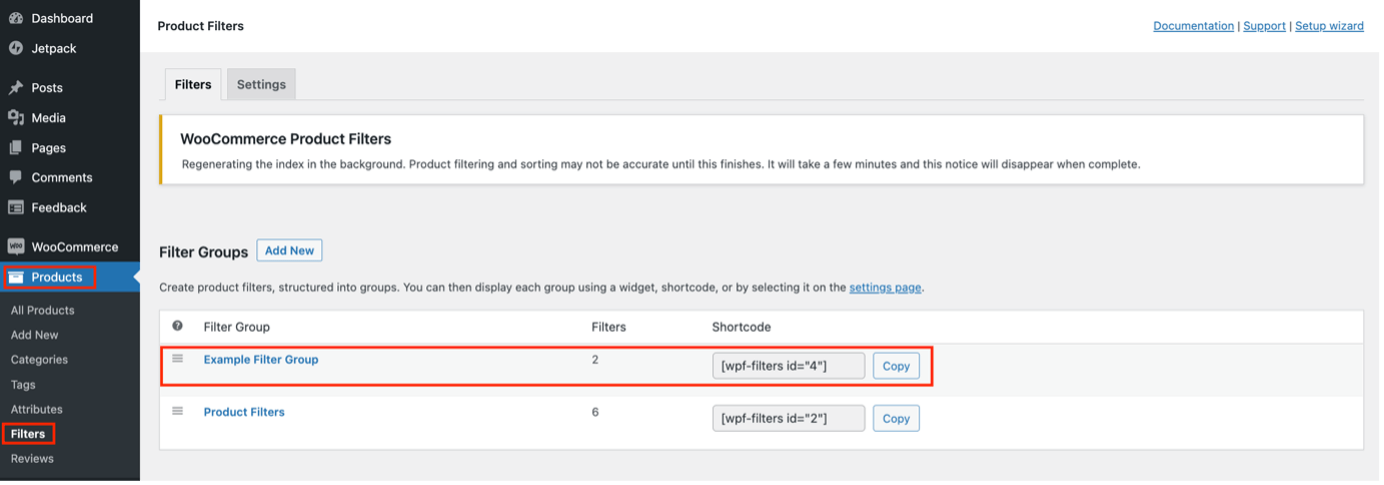 Screenshot showing the new filter group within the list of filter groups in the WordPress admin panel
