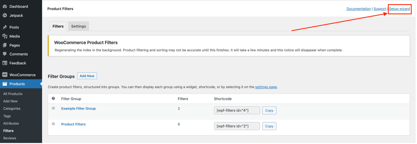 Step 5 - starting the setup wizard to add the new filter group to the WooCommerce store